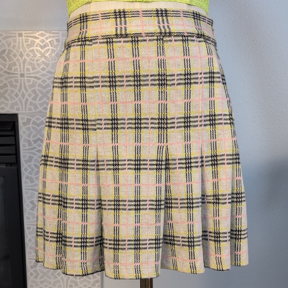 Free People Plaid Skater Skirt in Cream, Black, Pink & Yellow